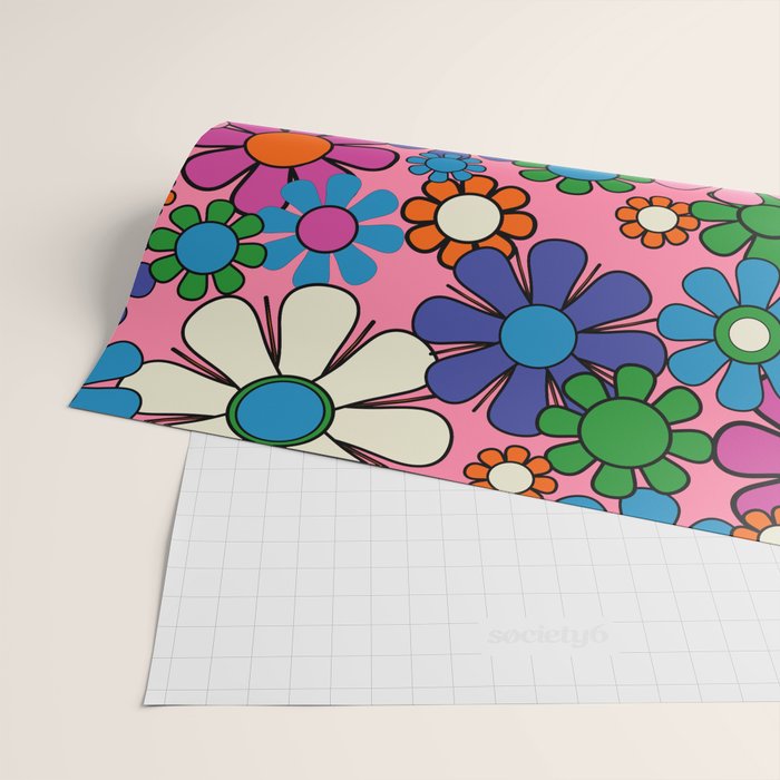 Groovy Retro Garden Colorful 60s 70s Pink Floral Pattern Wrapping Paper Gallery Image 2