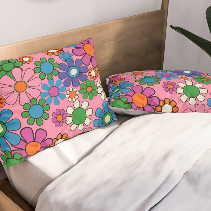 Groovy Retro Garden Colorful 60s 70s Pink Floral Pattern Pillow Sham Gallery Image 2