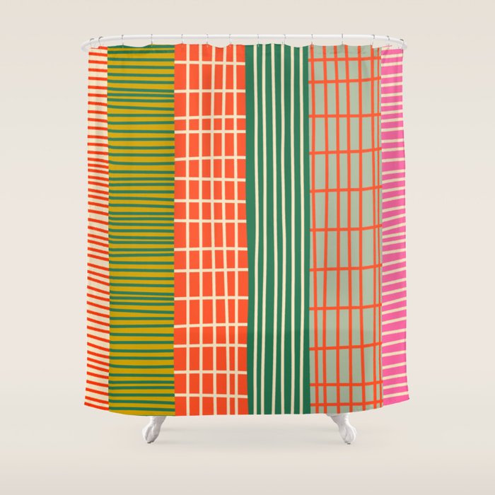 Mid Century Finnish Patchwork Vertical Stripe Pattern Shower Curtain Gallery Image 1