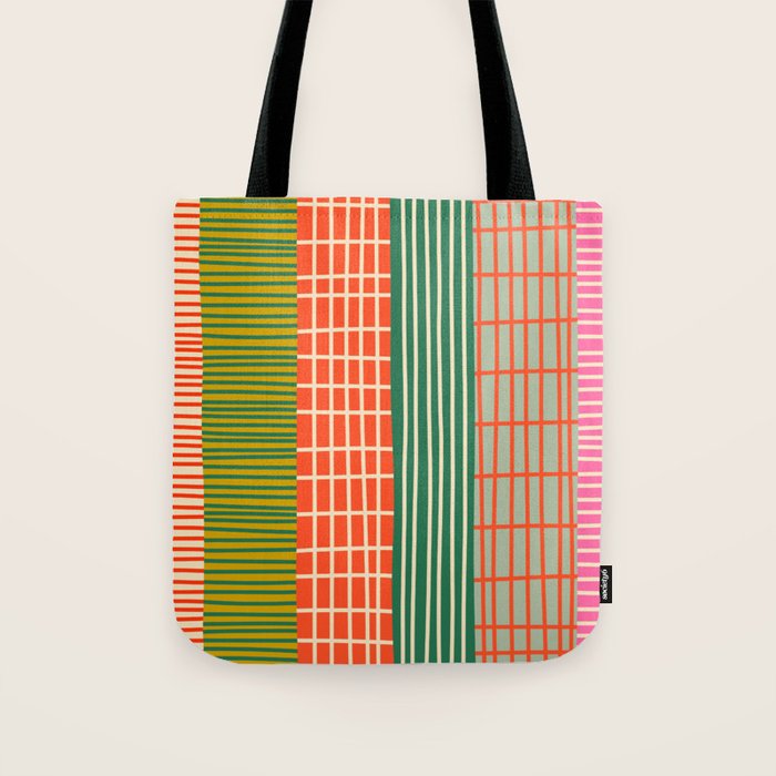Mid Century Finnish Patchwork Vertical Stripe Pattern Tote Bag Gallery Image 1