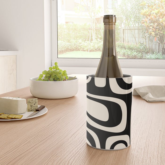 Palm Springs Retro Midcentury Modern Abstract Pattern Black and Almond Cream Wine Chiller Gallery Image 4