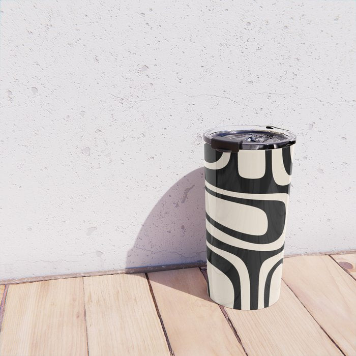 Palm Springs Retro Midcentury Modern Abstract Pattern Black and Almond Cream Travel Mug Gallery Image 4