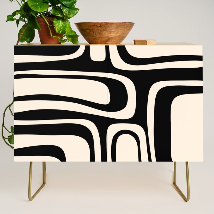 Palm Springs Retro Midcentury Modern Abstract Pattern Black and Almond Cream Credenza Gallery Image 1