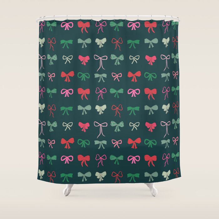 Christmas bows pattern green pink red Shower Curtain Gallery Image 1