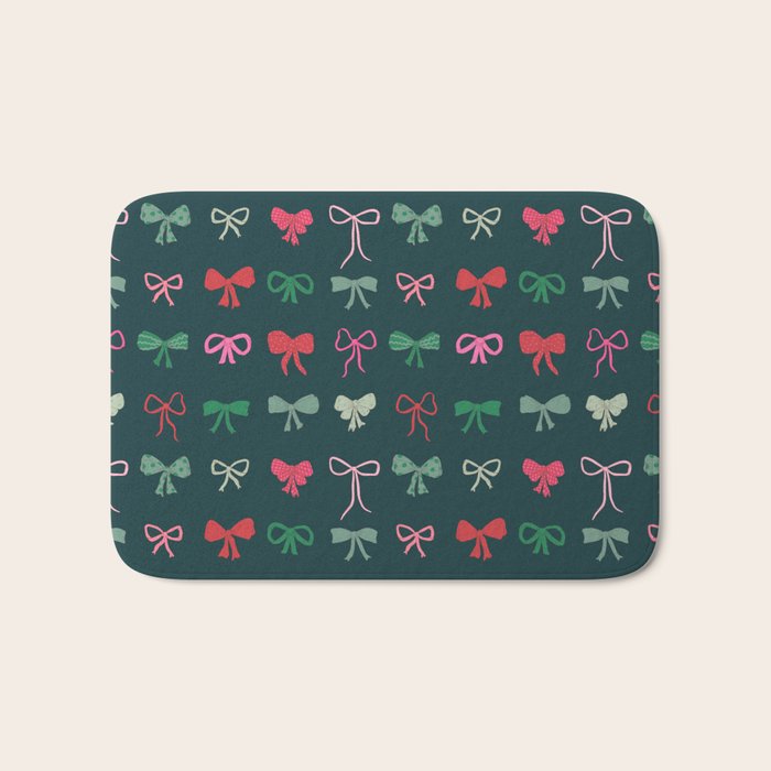Christmas bows pattern green pink red Bath Mat Gallery Image 1