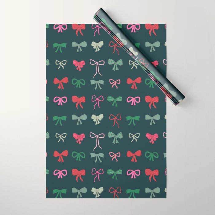 Christmas bows pattern green pink red Wrapping Paper Gallery Image 1