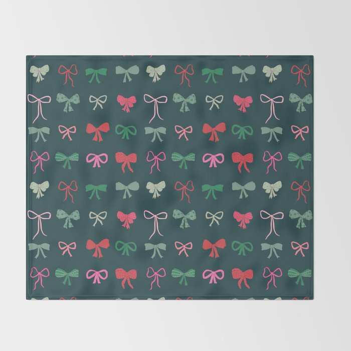 Christmas bows pattern green pink red Throw Blanket Gallery Image 2