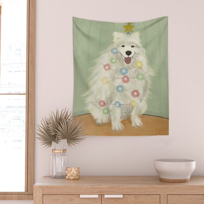 Lit up Holiday Samoyed Wall Tapestry Gallery Image 2