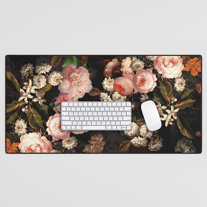 Antique Botanical Shiny Peach Roses And Chamomile Midnight Garden 2 Desk Mat Gallery Image 1