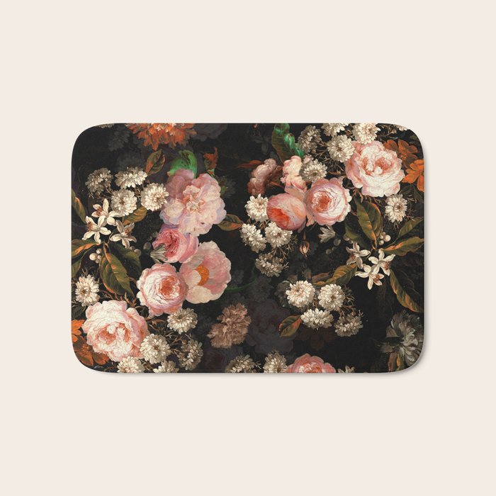 Antique Botanical Shiny Peach Roses And Chamomile Midnight Garden 2 Bath Mat Gallery Image 1