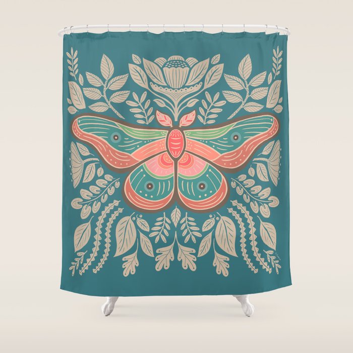 Moth Floral | Teal Shower Curtain Gallery Image 1