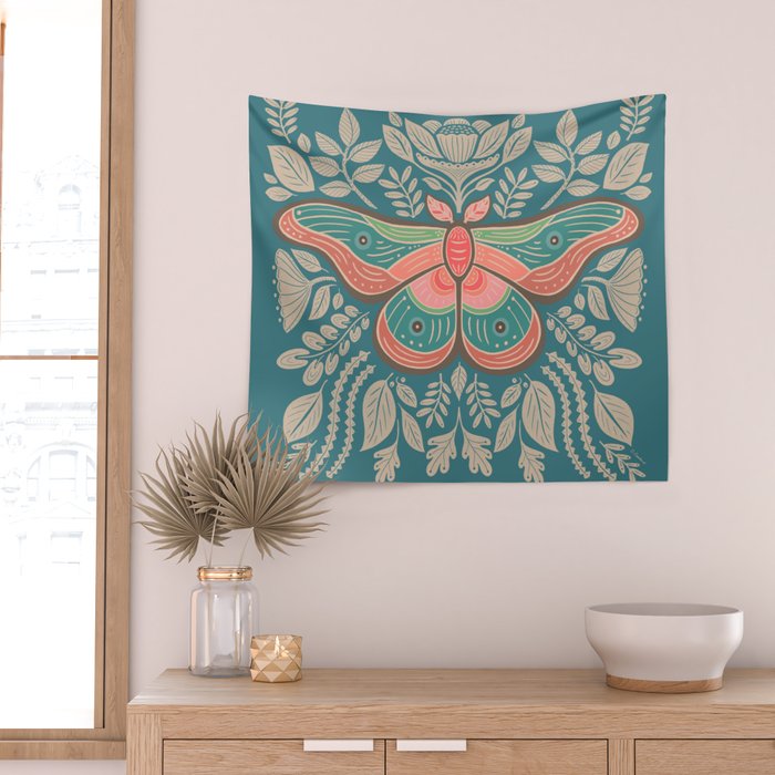 Moth Floral | Teal Wall Tapestry Gallery Image 2