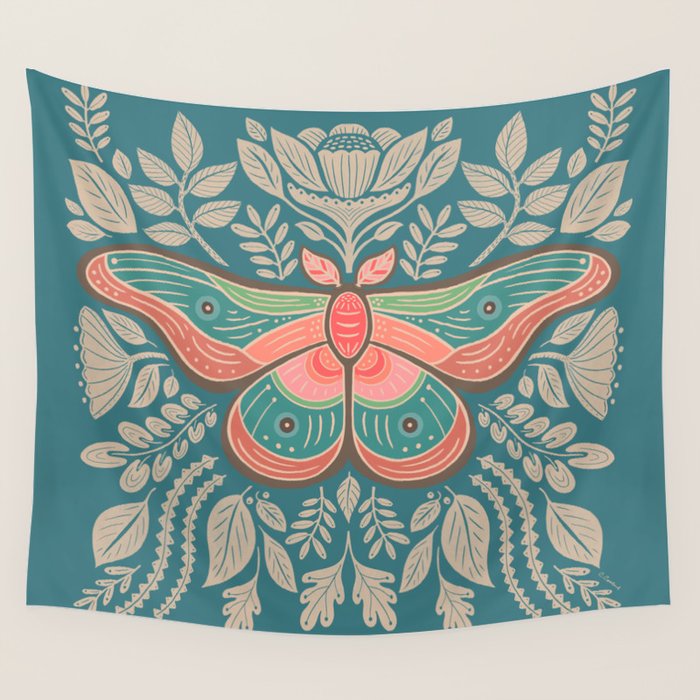 Moth Floral | Teal Wall Tapestry Gallery Image 4