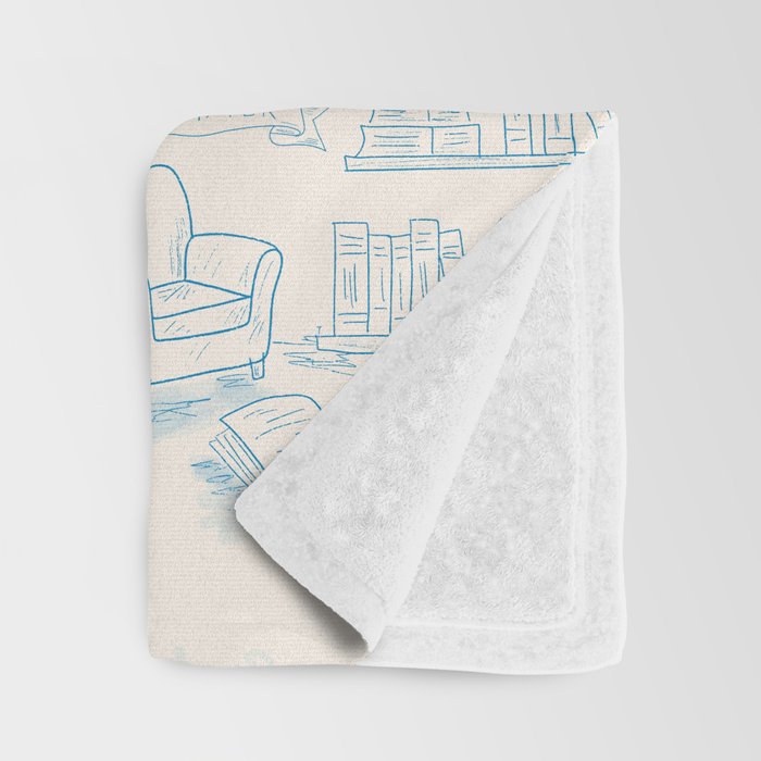 Blue Bookish Reading Chair Bookshelves Teacup Bookworm Toile de Jouy Throw Blanket Gallery Image 3