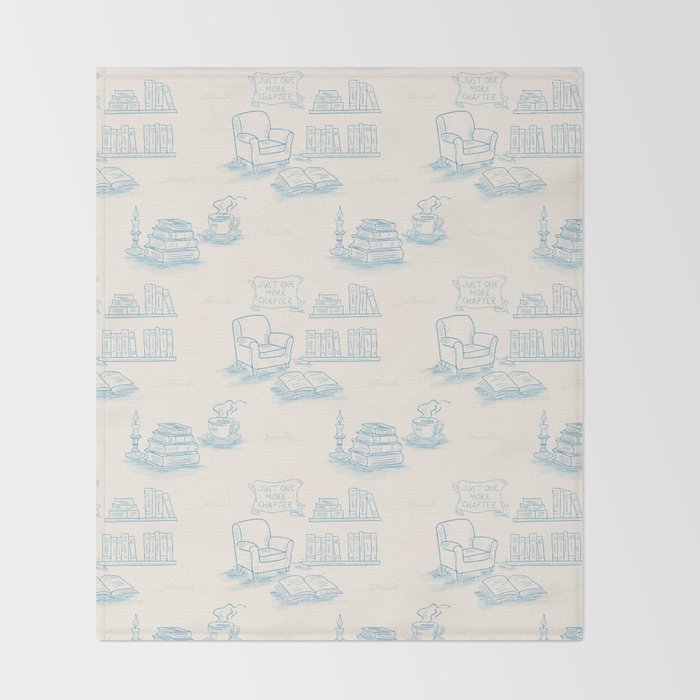 Blue Bookish Reading Chair Bookshelves Teacup Bookworm Toile de Jouy Throw Blanket Gallery Image 2