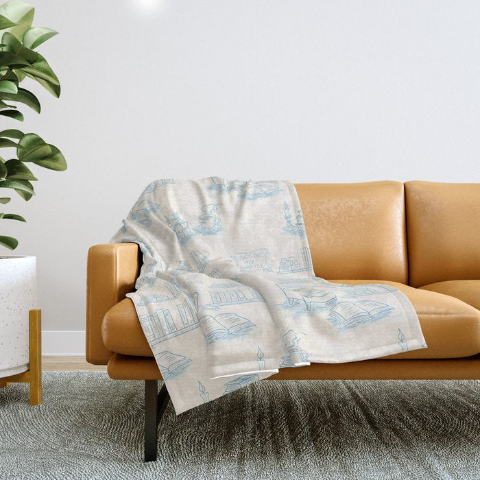 Blue Bookish Reading Chair Bookshelves Teacup Bookworm Toile de Jouy Throw Blanket Gallery Image 1