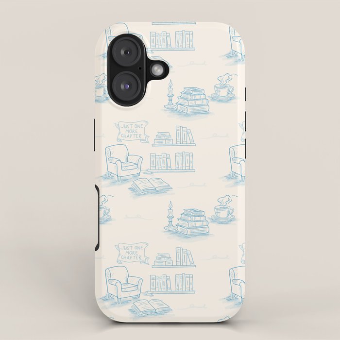 Blue Bookish Reading Chair Bookshelves Teacup Bookworm Toile de Jouy iPhone Case Gallery Image 1
