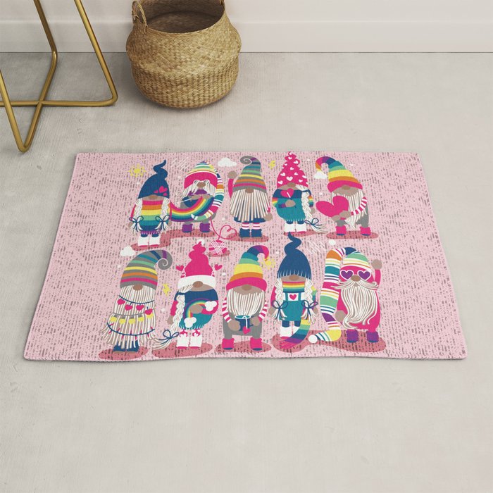I gnome you // pastel pink background little happy and lovely gnomes with rainbows fuchsia pink hearts Rug Gallery Image 1