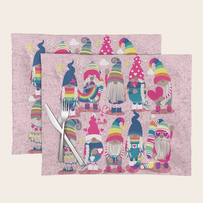 I gnome you // pastel pink background little happy and lovely gnomes with rainbows fuchsia pink hearts Placemat Gallery Image 1