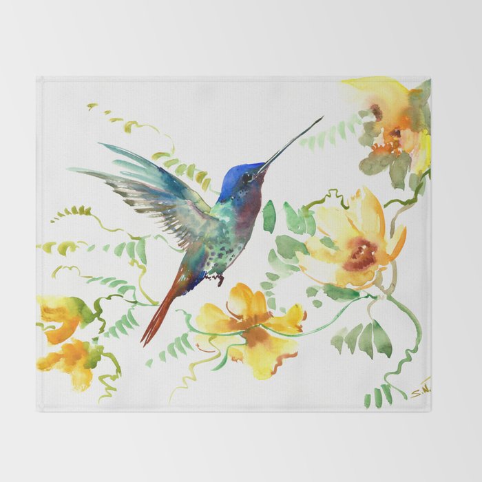 Hummingbird and Flowers, floral design Hawaiian tropical Throw Blanket Gallery Image 2