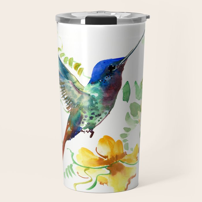 Hummingbird and Flowers, floral design Hawaiian tropical Travel Mug