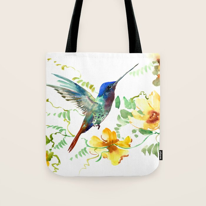 Hummingbird and Flowers, floral design Hawaiian tropical Tote Bag Gallery Image 1