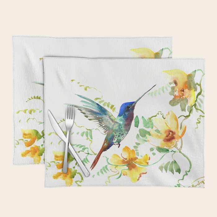 Hummingbird and Flowers, floral design Hawaiian tropical Placemat Gallery Image 1