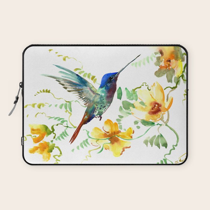 Hummingbird and Flowers, floral design Hawaiian tropical Laptop Sleeve Gallery Image 1