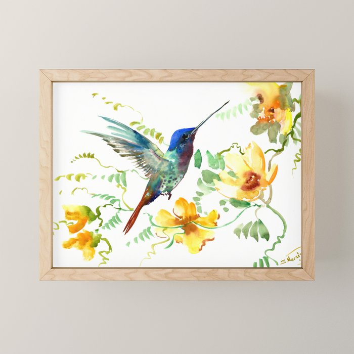 Hummingbird and Flowers, floral design Hawaiian tropical Mini Art Print Gallery Image 1
