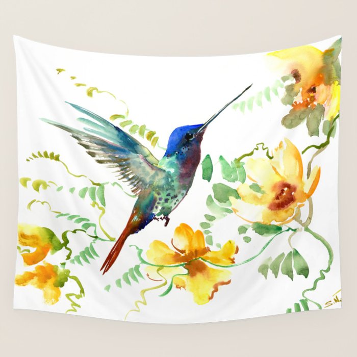 Hummingbird and Flowers, floral design Hawaiian tropical Wall Tapestry Gallery Image 1