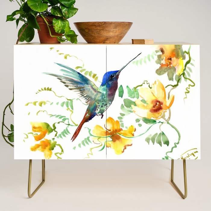 Hummingbird and Flowers, floral design Hawaiian tropical Credenza Gallery Image 1