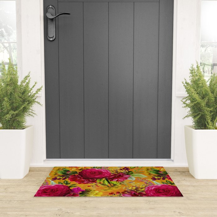 Vintage & Shabby Chic - Sunny Magenta Spring Roses Botanical Flower Garden Welcome Mat Gallery Image 3