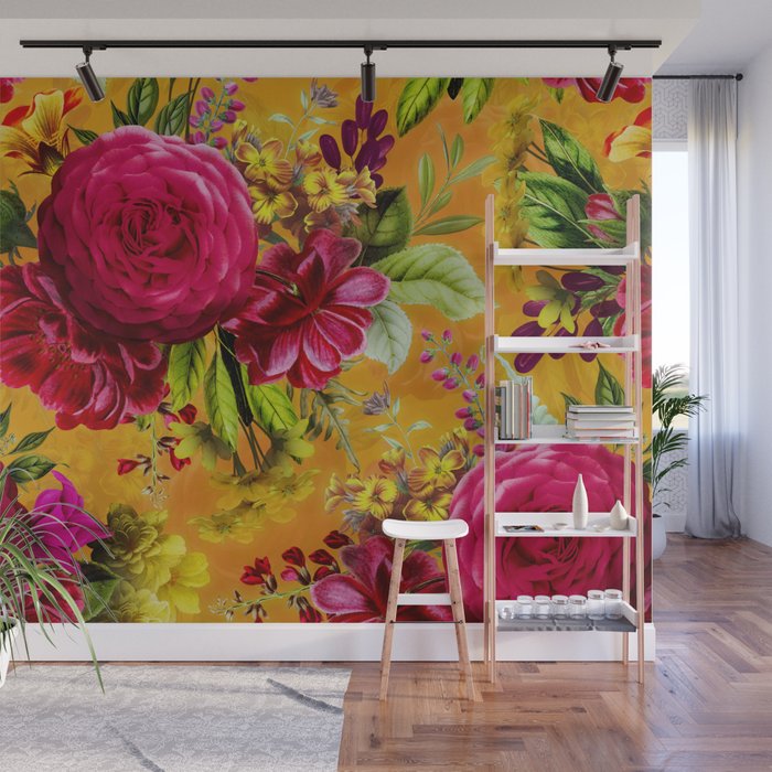 Vintage & Shabby Chic - Sunny Magenta Spring Roses Botanical Flower Garden Wall Mural Gallery Image 1