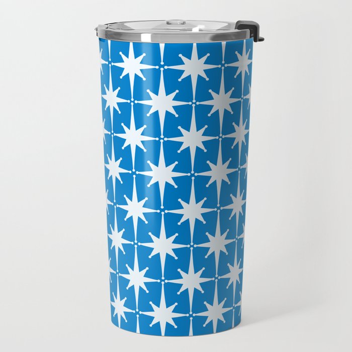 Midcentury Modern Atomic Age Starburst Pattern in Blue Travel Mug Gallery Image 2