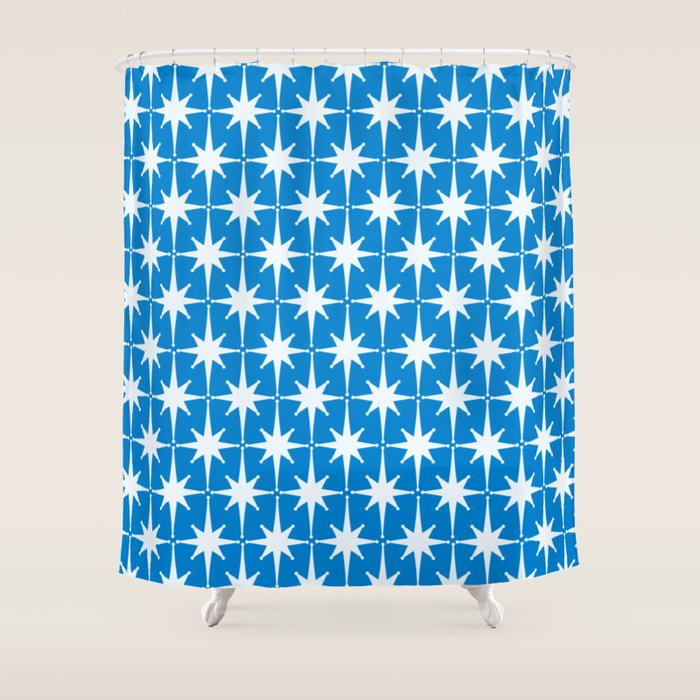 Midcentury Modern Atomic Age Starburst Pattern in Blue Shower Curtain Gallery Image 1