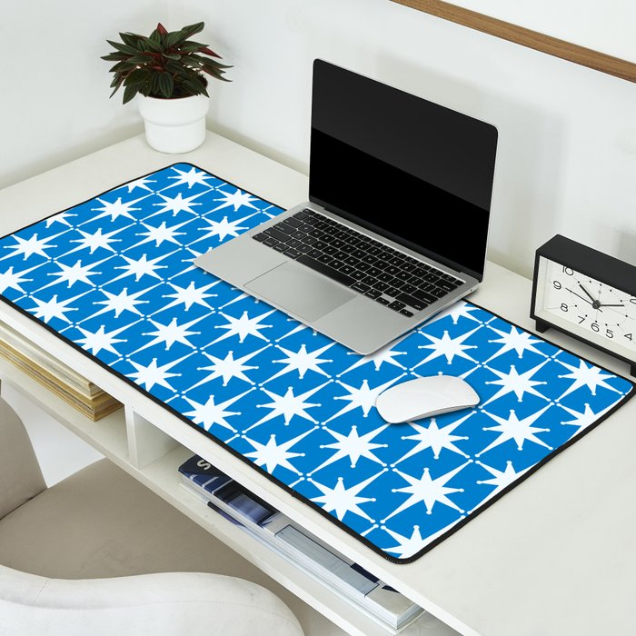 Midcentury Modern Atomic Age Starburst Pattern in Blue Desk Mat Gallery Image 2
