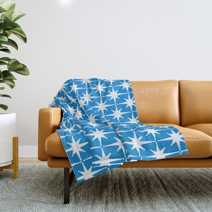 Midcentury Modern Atomic Age Starburst Pattern in Blue Throw Blanket Gallery Image 1