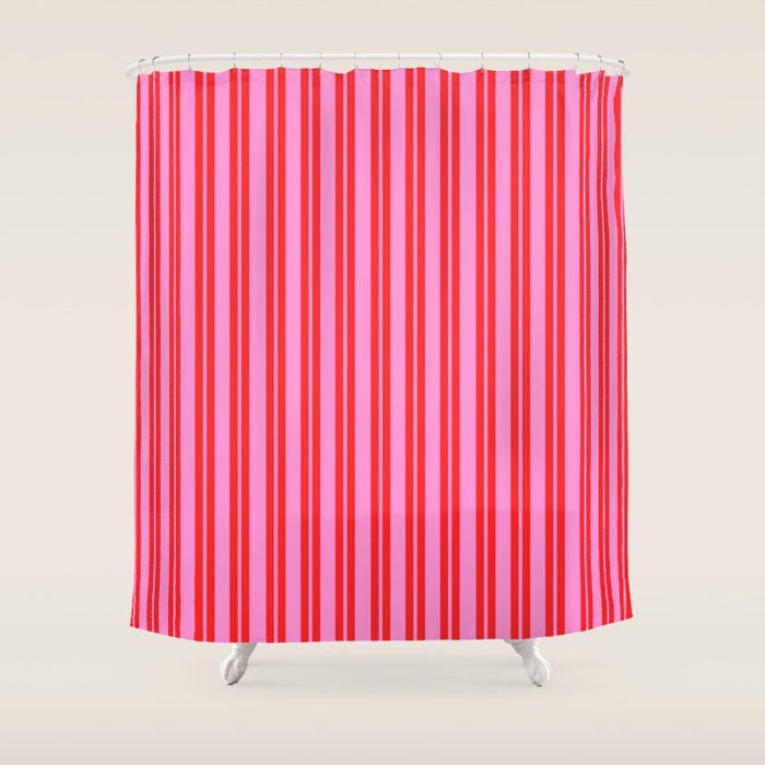Preppy Hot Pink and Red Classic Double Stripes Contemporary Vertical Stripe Pattern Shower Curtain Gallery Image 1