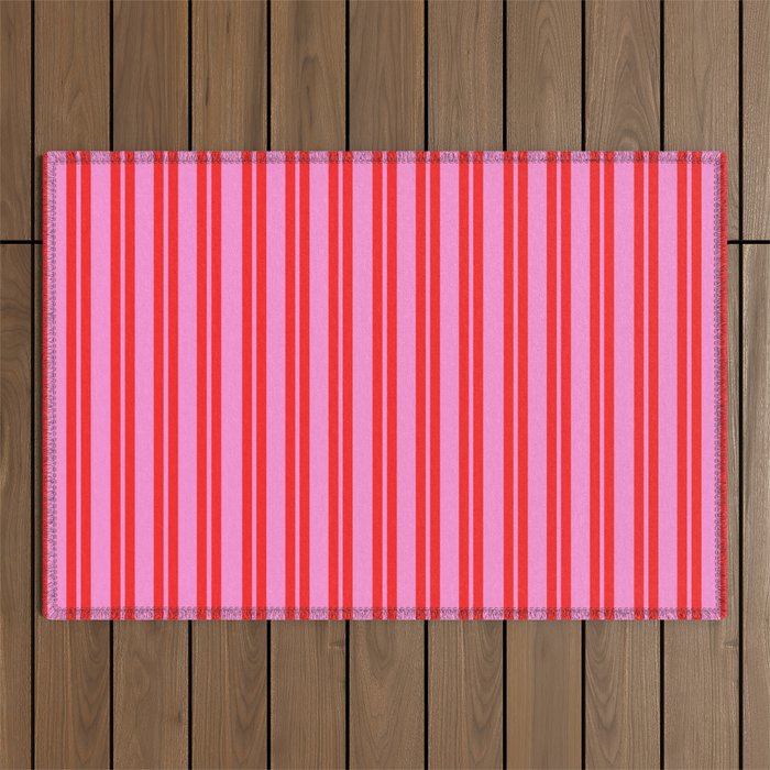 Preppy Hot Pink and Red Classic Double Stripes Contemporary Vertical Stripe Pattern Outdoor Rug Gallery Image 1