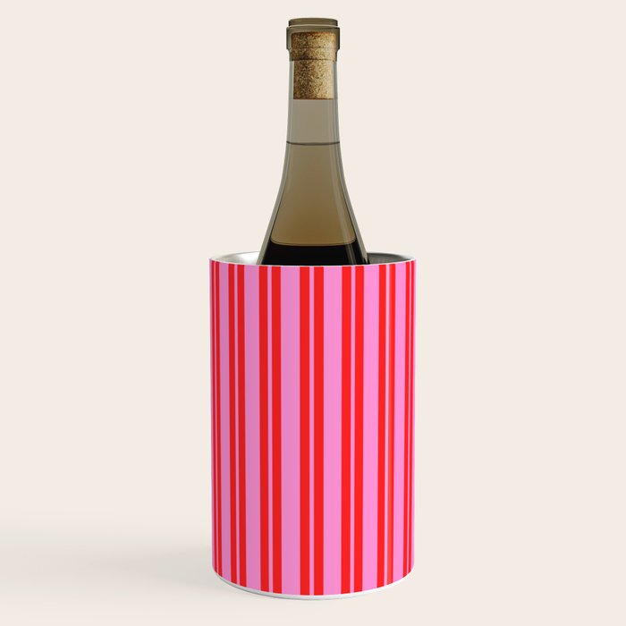 Preppy Hot Pink and Red Classic Double Stripes Contemporary Vertical Stripe Pattern Wine Chiller Gallery Image 1
