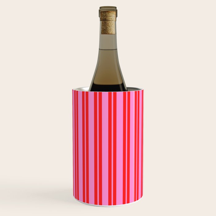 Preppy Hot Pink and Red Classic Double Stripes Contemporary Vertical Stripe Pattern Wine Chiller Gallery Image 2