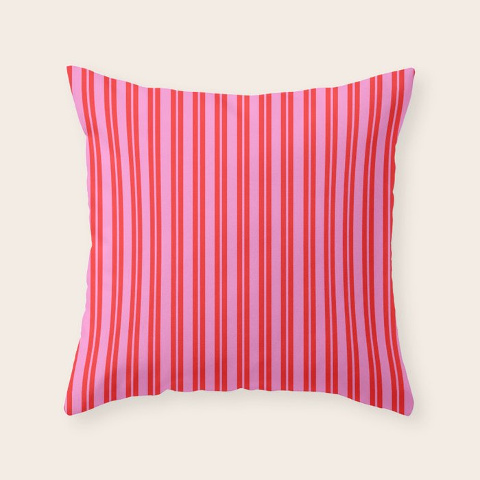 Preppy Hot Pink and Red Classic Double Stripes Contemporary Vertical Stripe Pattern Throw Pillow Gallery Image 1
