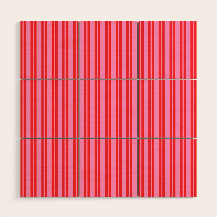 Preppy Hot Pink and Red Classic Double Stripes Contemporary Vertical Stripe Pattern Wood Wall Art Gallery Image 1