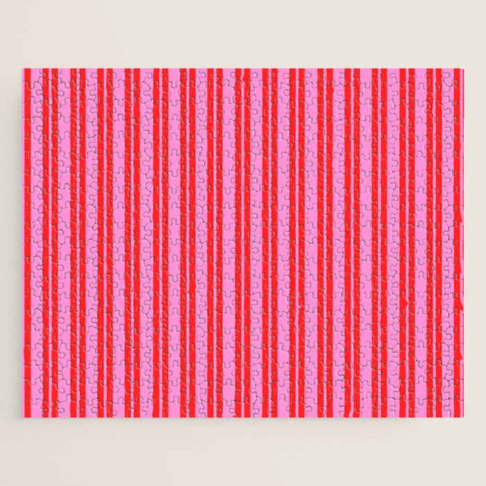 Preppy Hot Pink and Red Classic Double Stripes Contemporary Vertical Stripe Pattern Jigsaw Puzzle Gallery Image 1