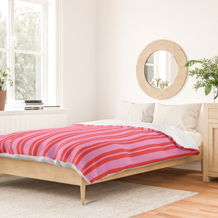 Preppy Hot Pink and Red Classic Double Stripes Contemporary Vertical Stripe Pattern Duvet Cover Gallery Image 2