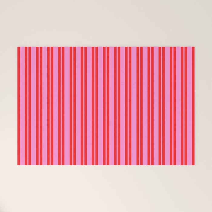Preppy Hot Pink and Red Classic Double Stripes Contemporary Vertical Stripe Pattern Welcome Mat Gallery Image 1