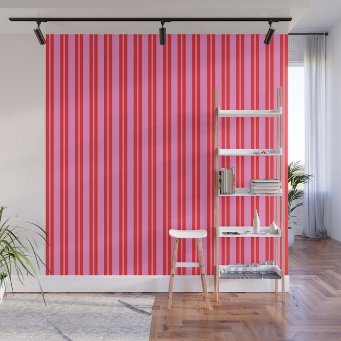 Preppy Hot Pink and Red Classic Double Stripes Contemporary Vertical Stripe Pattern Wall Mural Gallery Image 1