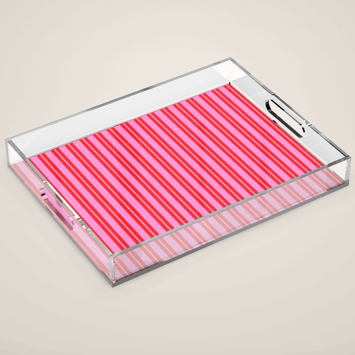 Preppy Hot Pink and Red Classic Double Stripes Contemporary Vertical Stripe Pattern Acrylic Tray Gallery Image 1