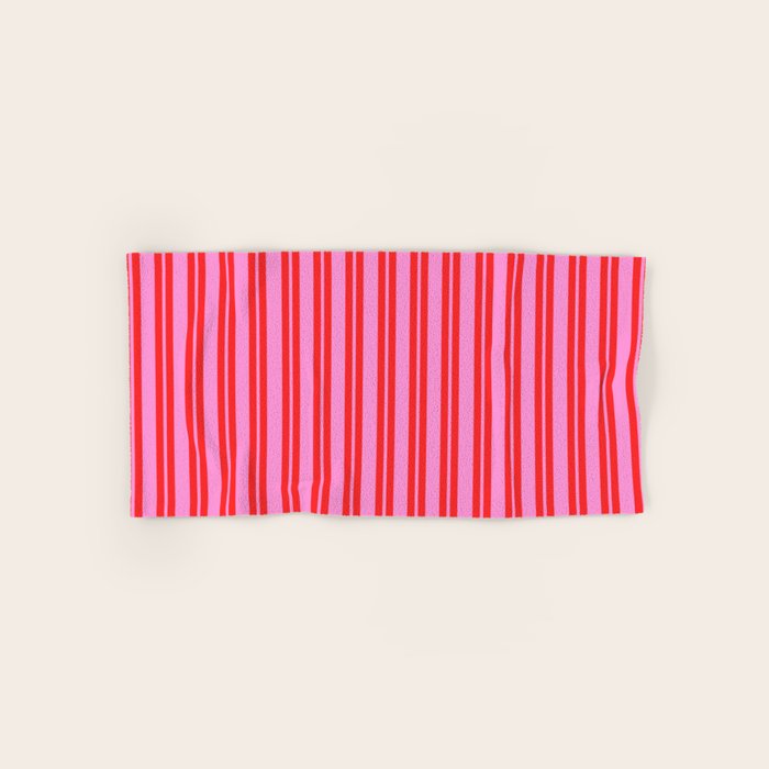 Preppy Hot Pink and Red Classic Double Stripes Contemporary Vertical Stripe Pattern Bath Towel Gallery Image 1
