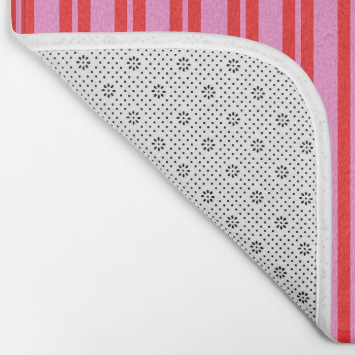 Preppy Hot Pink and Red Classic Double Stripes Contemporary Vertical Stripe Pattern Bath Mat Gallery Image 2